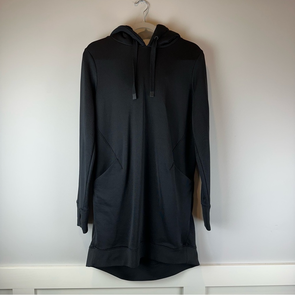 Athleta Black Triumph Luxe Shine Faux Fur Hooded Tunic Long Sleeve Dress Large